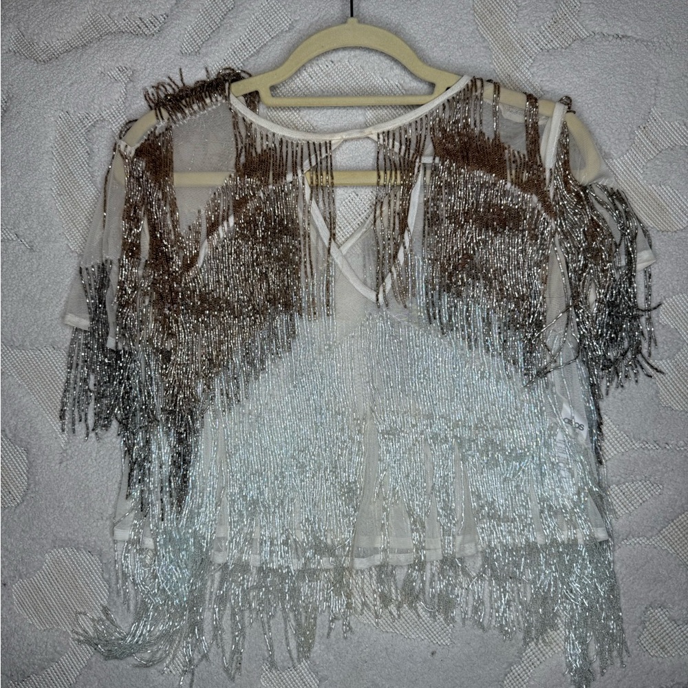 Fringe Sequin Top in Silver and light pink